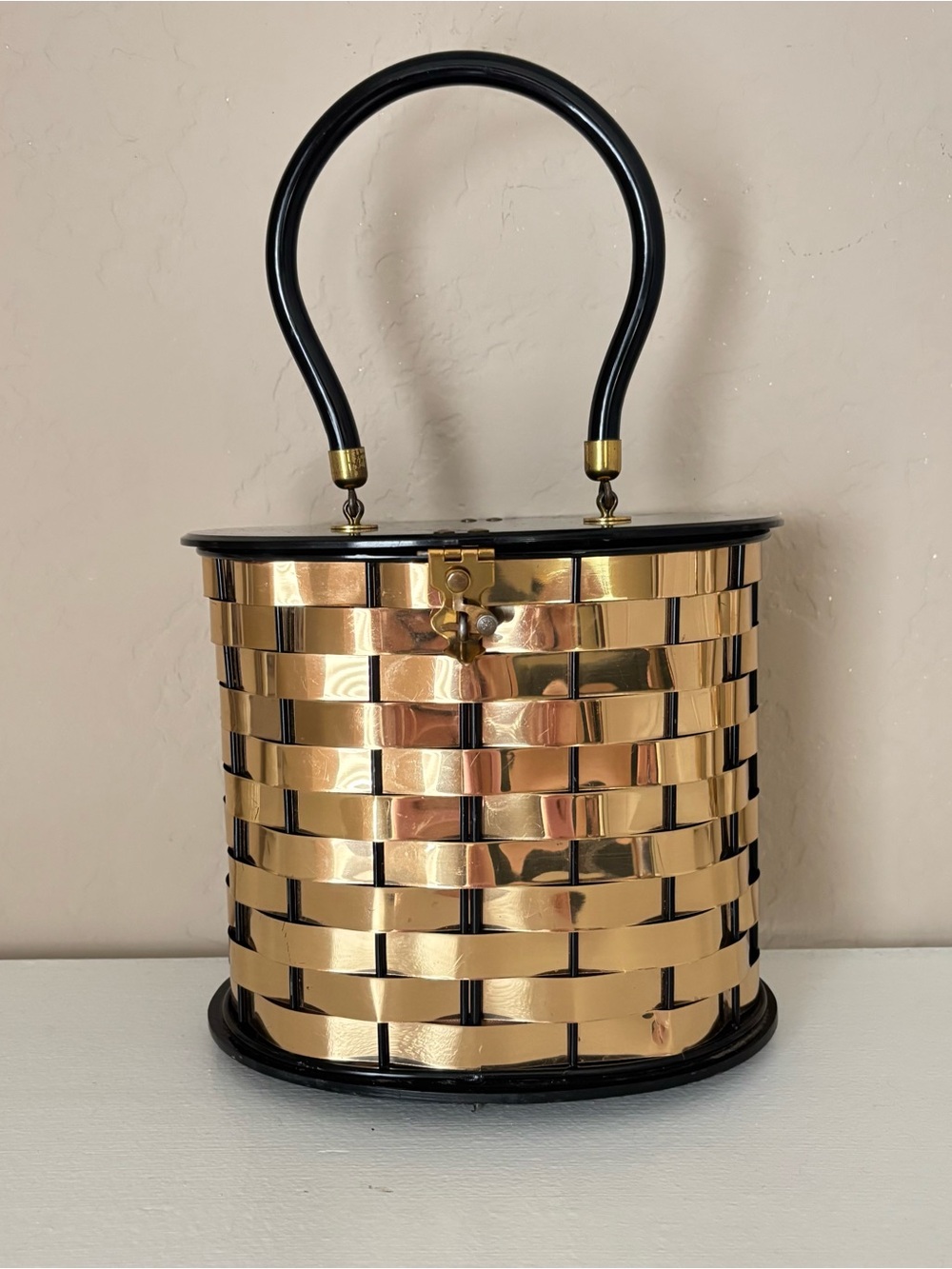 Vintage Dorset Rex Fifth Avenue Basket Weave Lucite Box Purse Gold Black 1950s